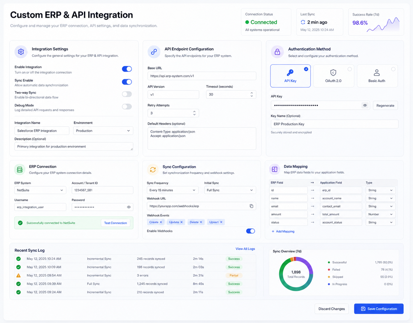 ERP integration console showing connected systems and sync status