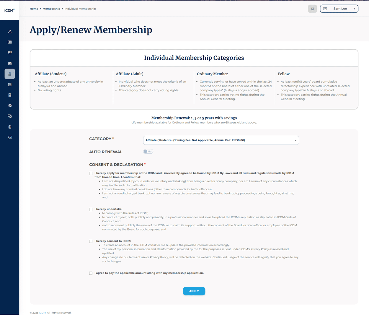 Membership portal application and renewal workflow