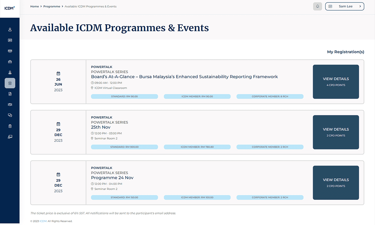 Membership portal listing events and member programmes